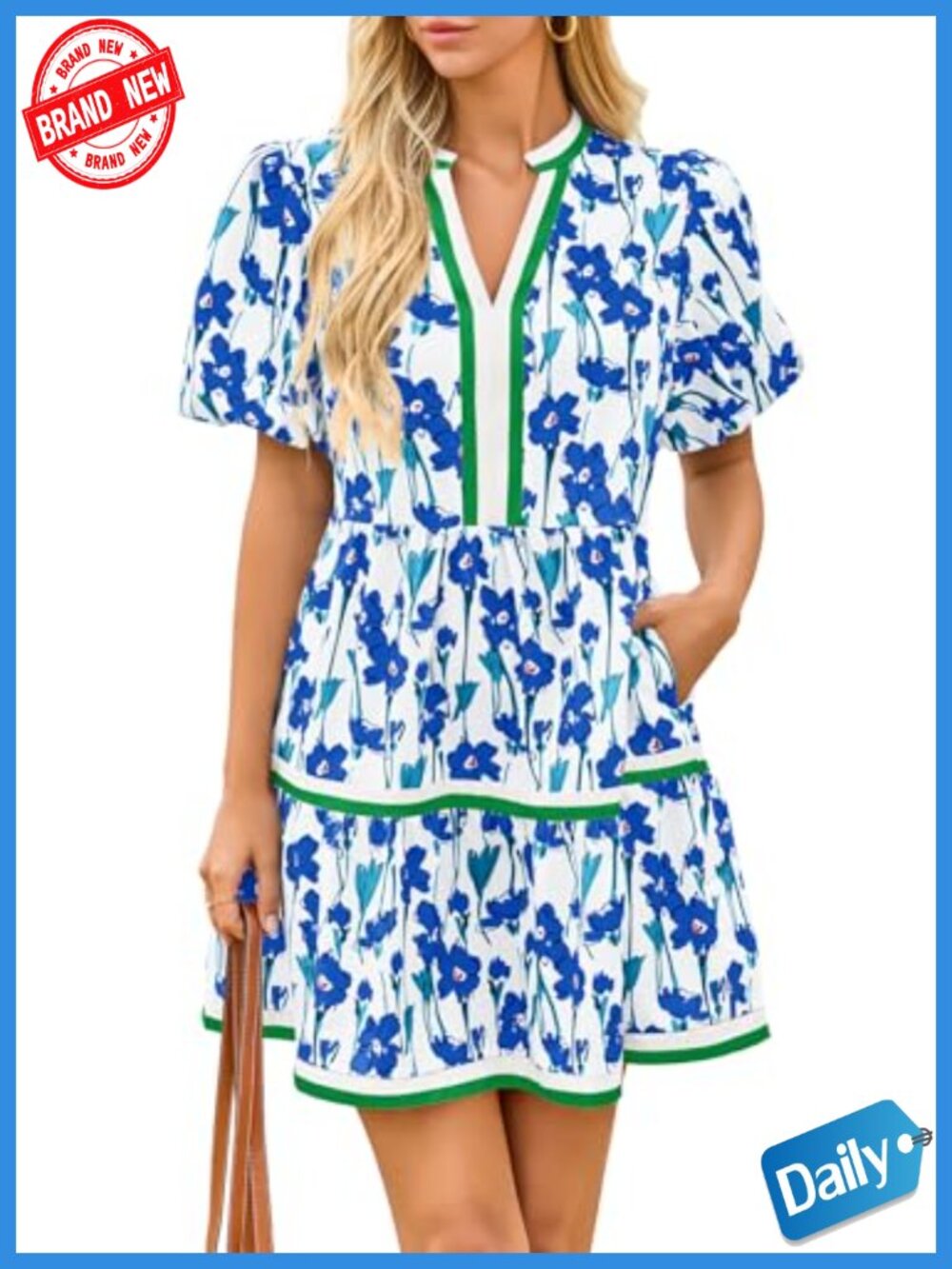 Women's Floral Puff Sleeve V-Neck Mini Boho Summer Dress with Pockets